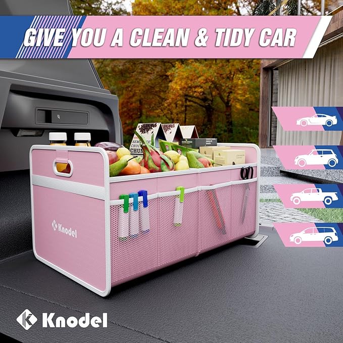 K KNODEL Car Trunk Organizer, Foldable Organizer for Car, Automotive Consoles & Organizers, Storage with Reinforced Handles (Small, Pink)-NeatNest