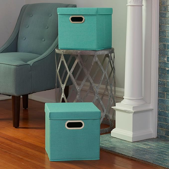 Household Essentials Collapsible Cotton Blend Cube Storage Box with Lid and Metal Grommet Handle, Set of 2, Green-NeatNest