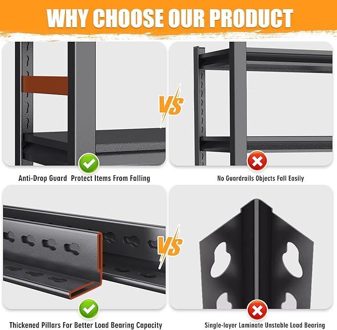 63''H Garage Shelving 3000 LBS Heavy Duty Garage Storage Shelves, Adjustable 5 Tier Metal Industrial Shelving Units Utility Shelves for Warehouse, Basement,15.75''Dx32''Wx63''H, Black
