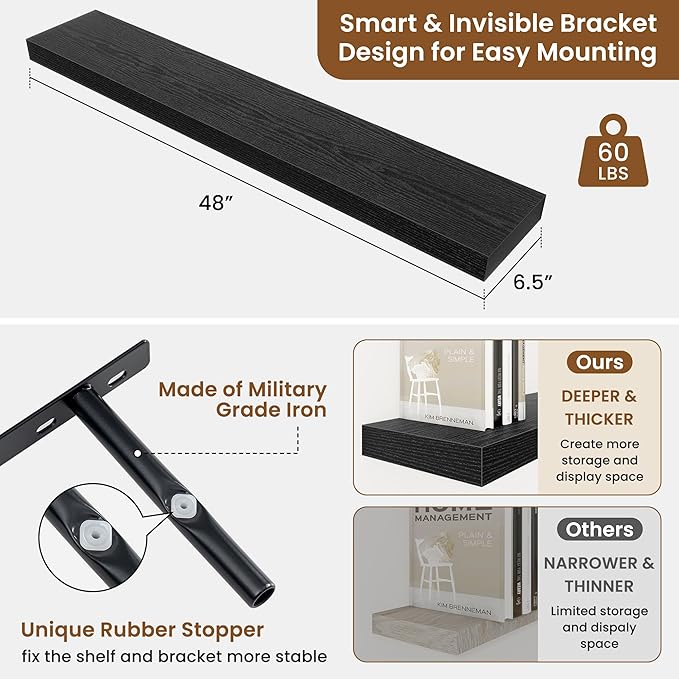 fuqing Floating Shelves for Wall, Bathroom Shelf Wall Mounted for Storage, Shelves with Invisible Bracket for Bedroom, Kitchen, Living Room, Farmhouse Small Book Shelf, 48 Inch Set of 2, Black-NeatNest