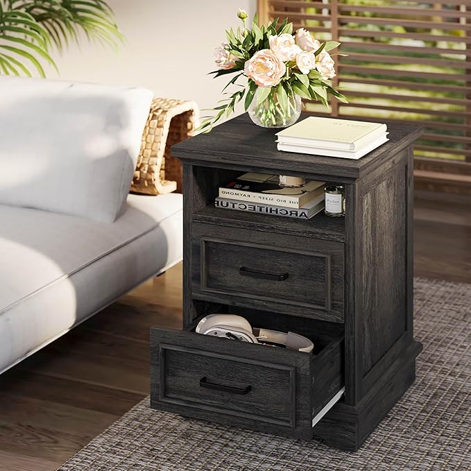LIKIMIO Farmhouse Nightstand with Storage Drawers and Open Shelf, Small End Tables Living Room, Rustic Wood Side Tables for Bedroom, Roman Column Design, Charcoal Grey