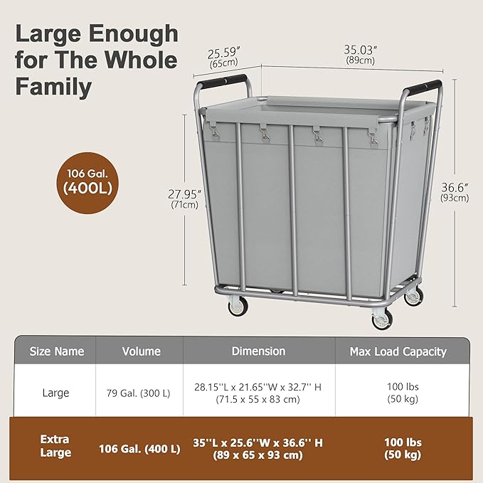 Hoctieon Large Laundry Cart with Wheels, 400L Heavy Duty Laundry Basket Organizer, Rolling Hamper Sorter for Clothes Storage, Industrial Dirty Clothes Hamper for Home & Hotel, Gray-NeatNest