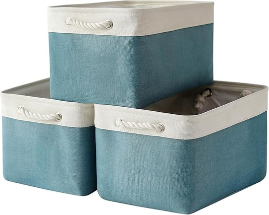 TheWarmHome Organization and Storage basket for Organizing - 3 Pack 16x12x12 inch Cube Storage Bin for Shelves, Fabric Storage Cubes for Organizer Cloth Closet Toy Box (White & Green)-NeatNest