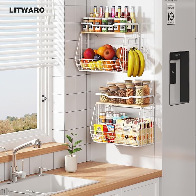2 Pack Magnetic Shelf for Fridge with Wider & Thicker Magnet, Refrigerator Organizer Storage Basket for Fruit, Onion, Potato, Spice Rack, Kitchen, Laundry, Pantry (White, 13.77" X 6.77" X 11.81")