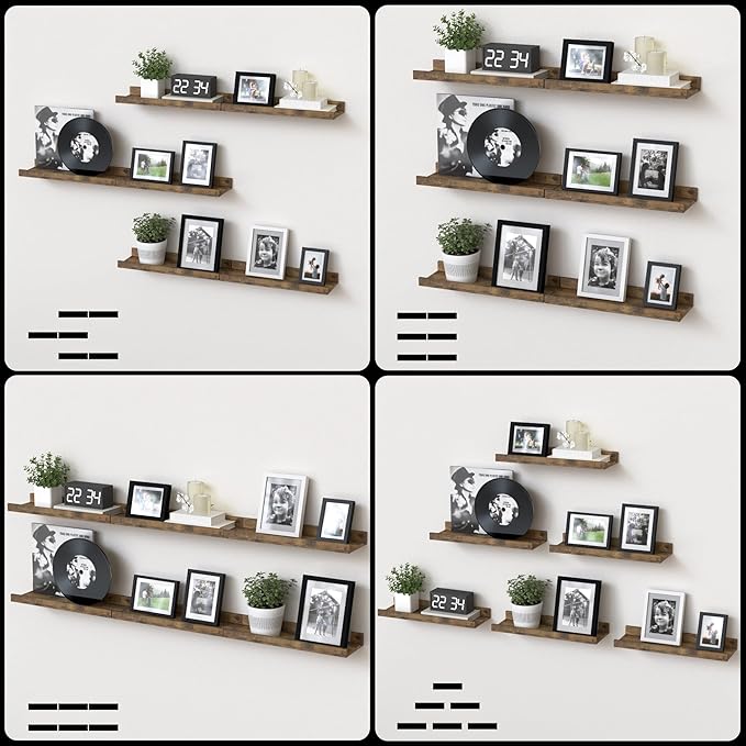 Floating Shelves Set of 6, Farmhouse Wall Shelves with Lip, Display Shelves for Wall Decor, Rustic Picture Ledge for Living Room, Bedroom, Nursery, Bathroom, Pictures, Books, Plants- Brown-NeatNest