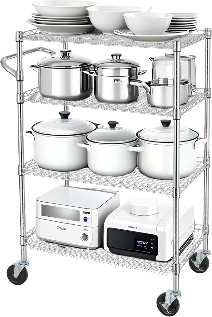 Finnhomy 4 Tier Heavy Duty Commercial Grade Rolling Cart with Handle Bar, Metal Wire Utility Cart with Wheels, Service Trolley on Wheels, Shelf Size 18" D x 30" W, NSF Listed, Chrome