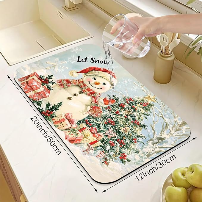 Hello Winter Dish Drying Mats for Kitchen Counter Absorbent Fast Dry Dish Drainer Rack Mats for Dishes Utensils Pot and Pan, Kitchen Accessories 20"x12"