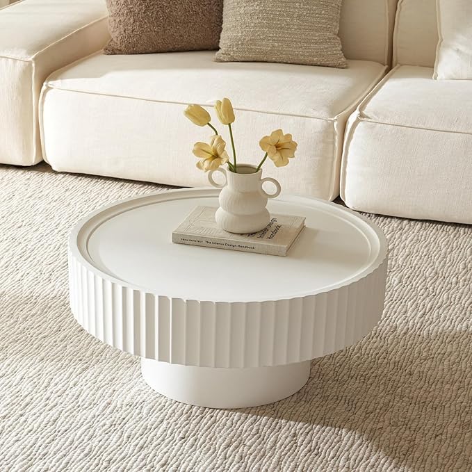 Round Wood Coffee Table - Wooden, Ribbed-Design, 30.3" Dia, 14.9" H - Simple Modern Style for Home Living Room Furniture (White Table)