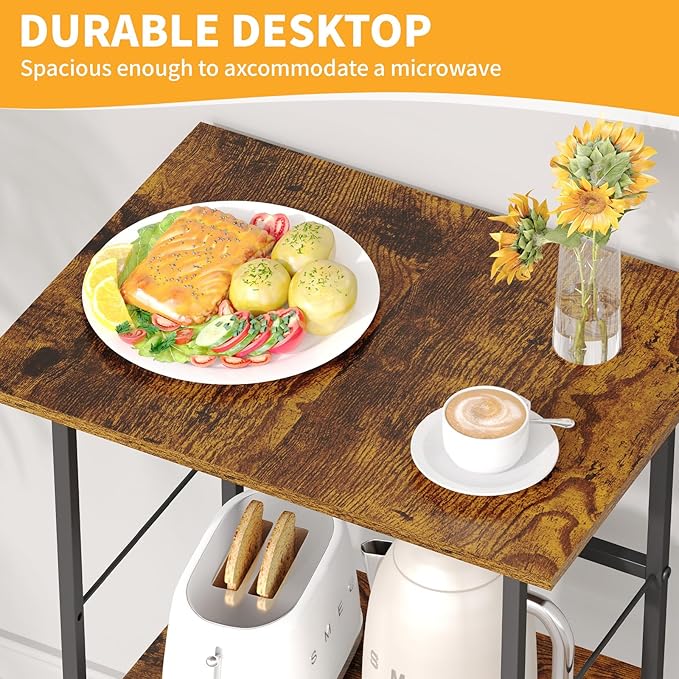 Microwave Cart with Storage, 3-Tier Rolling Kitchen Stand with Wire Basket, Wood and Metal Utility Cart on Wheels, Coffee Bar Station, Small Baker’s Rack As Kitchen Island, Microwave Shelf Organizer