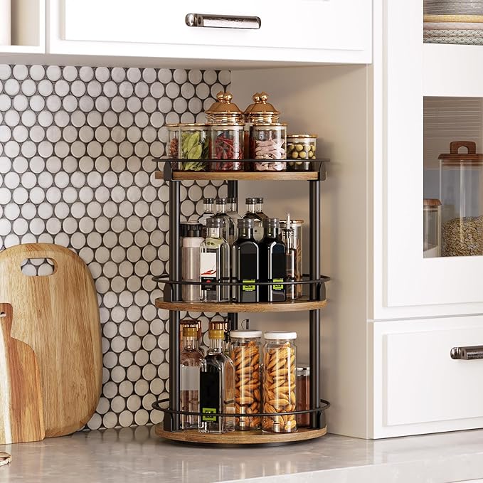 3-Tier Lazy Susan Organizer, Rotating Spice Rack, Spinning Organizer, Industrial Turntable Spice Rack Organizer for Cabinet, Kitchen Countertop, Pantry, Rustic Brown and Black SR23BR-NeatNest