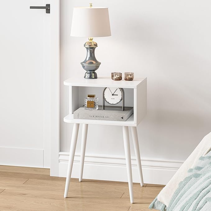 White Nightstand Set of 2, Small Bed Side Table for Small Spaces, Mid Century Modern Nightstand End Table with Open Storage, Side Table for Bedroom Living Room, MLBZ20W-2