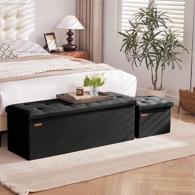 HAUSFRAU Storage Ottoman Foot Rest Stool, Small Folding Ottoman with Storage, Tufted Square Cube Footrest, Linen Black