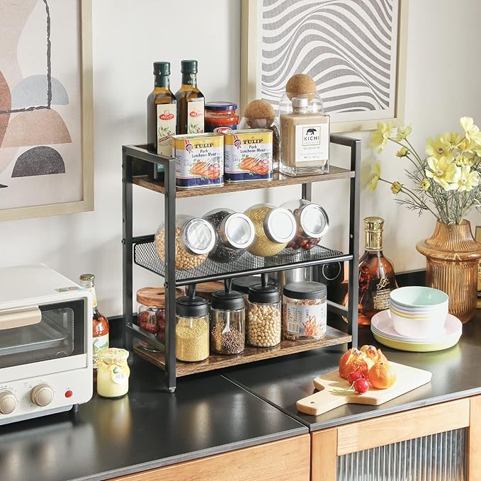 IBUYKE 3-Tier Spice Rack Industrial Counter Shelf Desktop Storage Organizer Standing Seasoning Rack for Countertop Kitchen Office Living Room Desktop Rustic Brown UTLJ021H-NeatNest