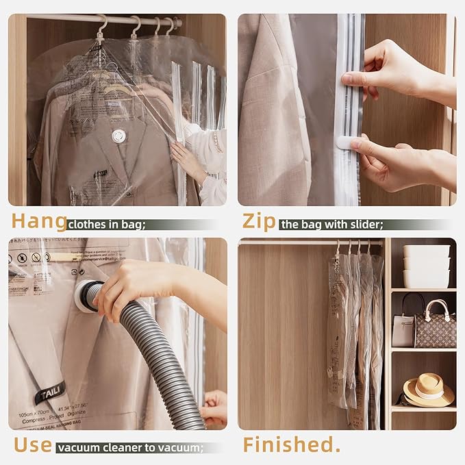 TAILI Hanging Vacuum Storage Bags Space Saver Bags, Vacuum Sealer Bags for Clothing, Suits and Jackets, Closet Organizers and Storage, (3 Long, 3 Short) Clear-NeatNest
