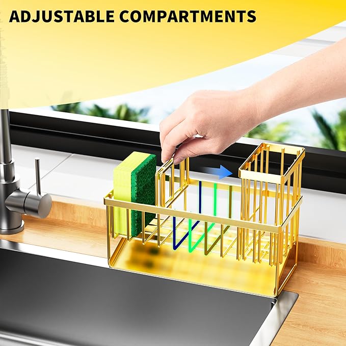 Cisily Gold Kitchen Sink Caddy Organzier with High Brush Holder, Sponge Holder for Sink, 304 Rustproof Stainless, Kitchen Countertop Soap Dispenser Organizer, Home Decor and Accessories-NeatNest