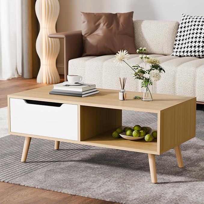 Cozy Castle Modern Wooden Coffee Table with Storage, Minimalist Hallway Mid Century Cocktail Table for Living Room Apartment Reception, Oak-NeatNest
