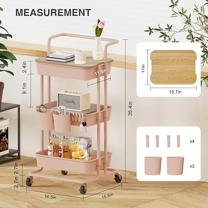 DTK 3 Tier Rolling Utility Cart with Cover Top Board, Movable Kitchen Storage Cart Trolley with Lockable Wheels, Cups, Hooks for Kitchen Bathroom Home Office Art Craft Storage and Organization(Pink)-NeatNest