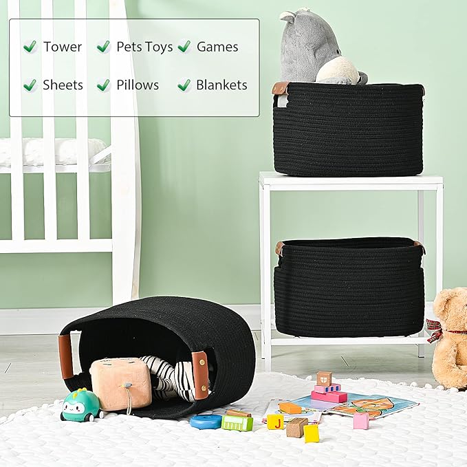 Cotton Rope Basket , Storage Baskets with Handle, 15x10x9 Inch Woven Basket for Shelves, Laundry, Towels, Clothes, Books, Toys (Black 3Pack)-NeatNest