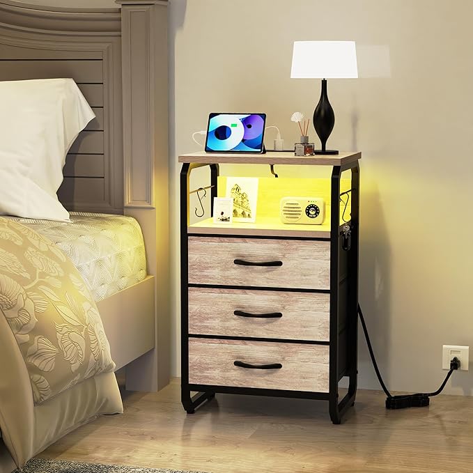 Tall Nightstand Set of 2 with Charging Station, Bed Side Tables Bedroom Set of 2, LED Night Stand Set 2, Bedside Table with Drawers, Night End Table with Storage for Bedroom, Dorm Greige