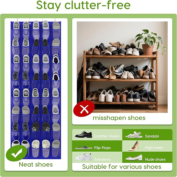 Unjumbly Over the Door Shoe Organizer with 40 Large Breathable Mesh Pockets, Space Saving Shoe Holder, Hanging Shoe Rack for Entryway Bedroom Closet Storage (Navy Blue, 40 Pockets)-NeatNest