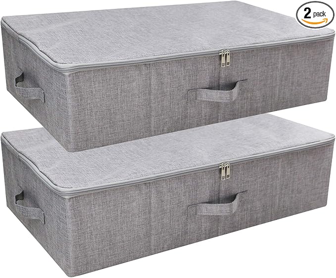 Folding Breathable Underbed Storage Bins with Lids, Wardrobe Closet Clothing Blanket, Shoes, Toys Organizer Containers, Dark Gray, Pack of 2-NeatNest