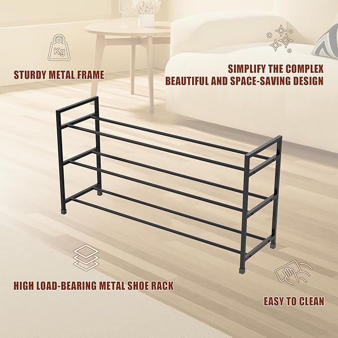 3-Tier Shoe Rack Storage Organizer for Closet, Small Space, Front Door, Sturdy Metal, Black-NeatNest