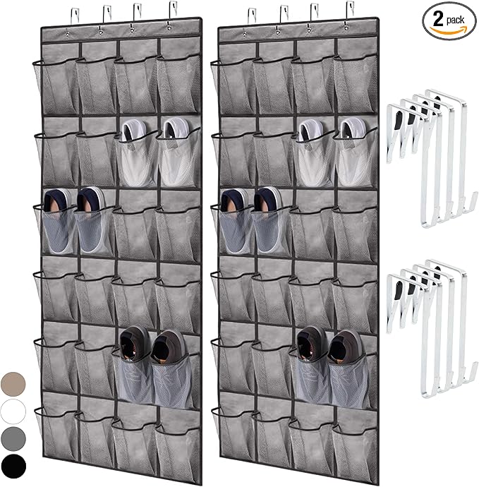 HOME GENIE Over the Door Hanging Shoe Organizer, 2 Pack, 24 Breathable Mesh Pockets, Closet Rack Storage Holder Stay in Place Hooks Hang on Closets, Hanger Holds Up to 40 lbs, Shoes, Accessories, Gray-NeatNest