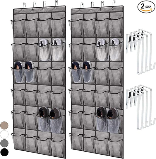 HOME GENIE Over the Door Hanging Shoe Organizer, 2 Pack, 24 Breathable Mesh Pockets, Closet Rack Storage Holder Stay in Place Hooks Hang on Closets, Hanger Holds Up to 40 lbs, Shoes, Accessories, Gray-NeatNest