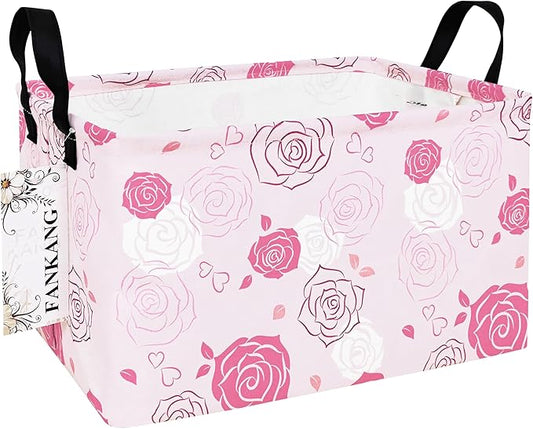 FANKANG Storage Bins, Nursery Hamper Canvas Laundry Basket Foldable with Waterproof PE Coating Large Storage Baskets for Kids Boys and Girls, Office, Bedroom, Clothes,Toys(Rec-Pink roses ）
