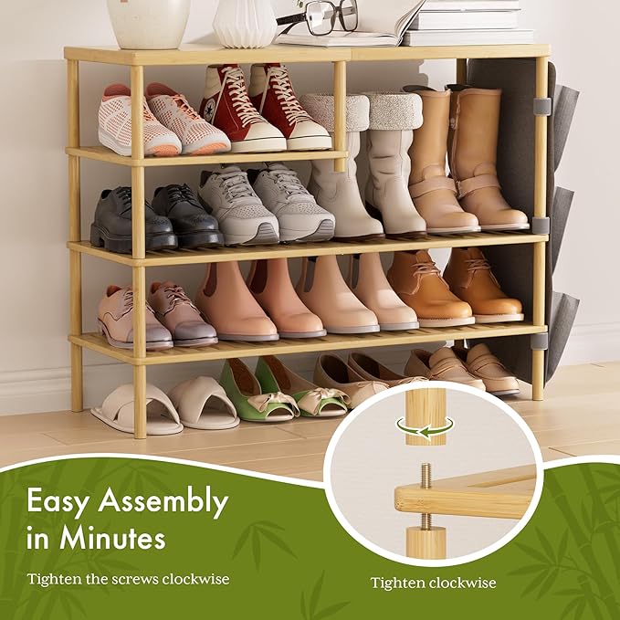 Bamboo Shoe Rack, 4 Tiers Shoe Organizer for Closet, Shoes Storage for 20-24 Pairs, Freestanding Shoe Shelf with Removable Pocket for Entryway Bedroom Front Door Dorm