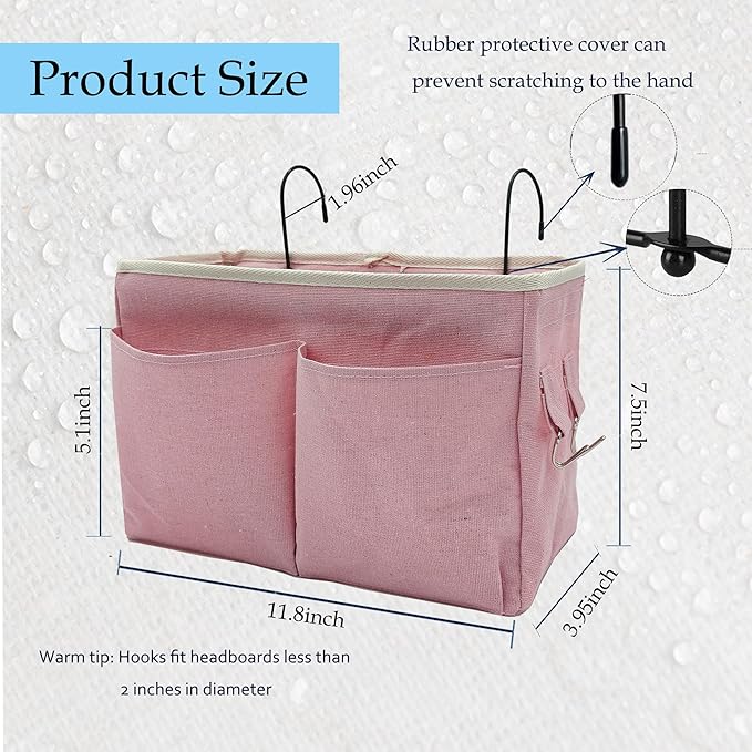 2-Pack Bedside Caddy Bedside Hanging Storage Basket Multi-Function Organizer Caddy for Bunk and Hospital Beds Dorm Rooms Bed Rails, Can be Placed Glasses Books Mobile Phones（2 pcs pink）-NeatNest