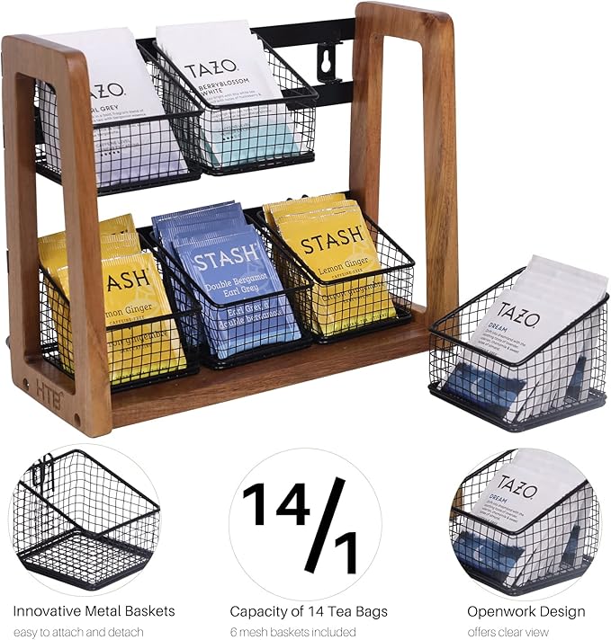HTB 2 Tier Tea Organizer for Tea Bags, Tea Bag Holder with Acacia Wood Stand and 6 Removable Metal Basket for Sugar Packets, Sweeteners, Creamers for Cabinet, Countertop or Wall-mounted-NeatNest