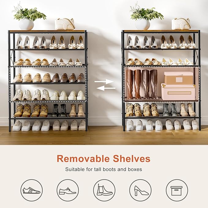 6-Tier Metal Shoe Rack Organizer Shoe Storage for Entryway 18-24 Pairs Narrow Shoe Rack for Closet Heavy-Duty Shoe Rack with Wooden Top Shelf for Garage Rustic Brown-NeatNest