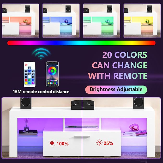 Clikuutory Modern Lighting 51 inch TV Stand with Large Storage Drawer for 32 40 50 55 Inch TVs, TV Console with 20 Color LED Lights, Entertainment Center Media and Open Shelf for Bedroom, White-NeatNest