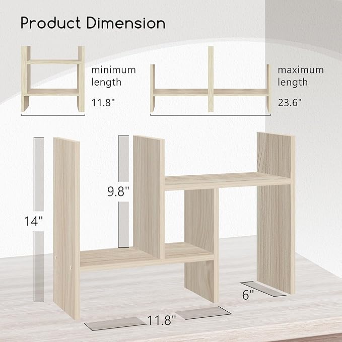 Jerry & Maggie Desktop Organizer Office Storage Rack Adjustable Wood Display Shelf Free Style Double H, Multi-Functional Mini Bookshelf for Desk Natural Stand (White Wood Tone)-NeatNest