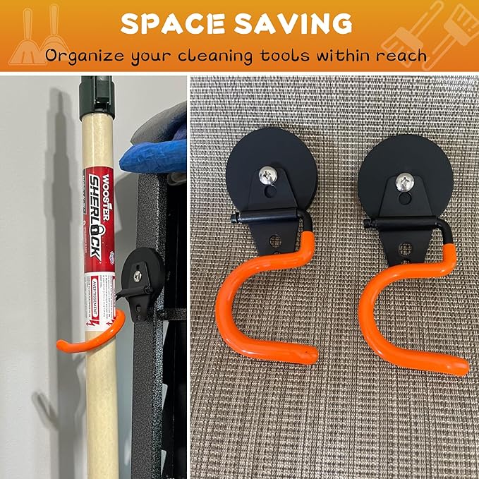 ULIBERMAGNET Magnetic Mop Broom Holder,Heavy Duty Movable Magnetic Tools Holder,Anti-Slip Strong Metal Hooks Mop Shovel Hanger for Garage, Kitchen, Laundry, Garden(2 Pack/Orange)