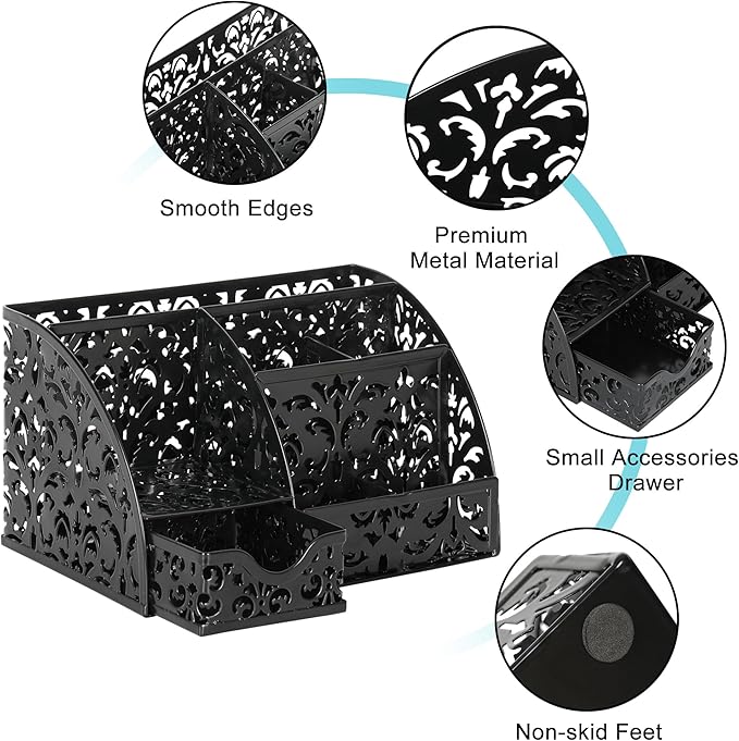 EasyPAG Desk Organizer with Sliding Drawer - 6 Compartments Metal Desktop Caddy, Decorative Elegant Hollow Flower Design, Anti-Scratch Pads for Home, Office, School, Black-NeatNest