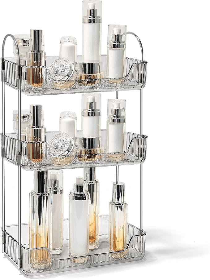 Bathroom Counter Organizer Countertop Storage Skincare Countertop Makeup Organizer Cosmetics Skincare Organizers Holder for Perfume-Grey-Silver Pole-3 Tier-NeatNest