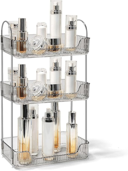 Bathroom Counter Organizer Countertop Storage Skincare Countertop Makeup Organizer Cosmetics Skincare Organizers Holder for Perfume-Grey-Silver Pole-3 Tier-NeatNest