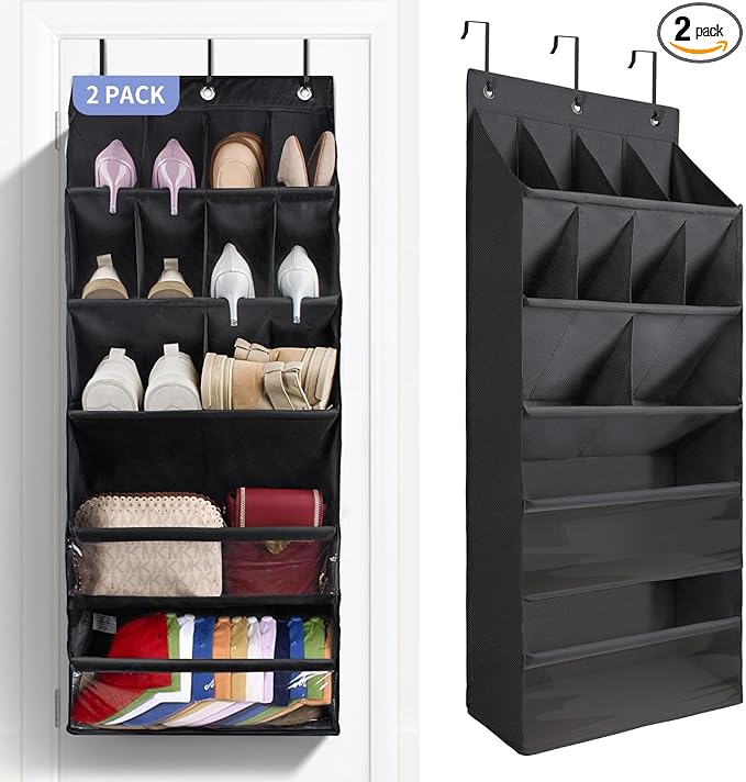 FENTEC 2 Pack Over the Door Shoe Organizer, Hanging Shoe Organizers with Large Pockets Shoe Holder Hanging Shoe Rack for Closet Shoe Organizer for Wall, Over Door Organizer with 30 Pockets, Black-NeatNest