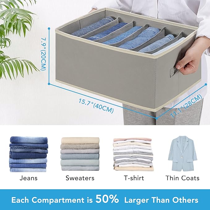 6 Pcs Large Size Wardrobe Clothes Organizers 6 Grids for Pants, Jeans, Sweater, T-shirt, Thin Coat, Dress Stackable Closet Drawer Organizer Storage Bin Container with Sturdy Handles, Grey-NeatNest
