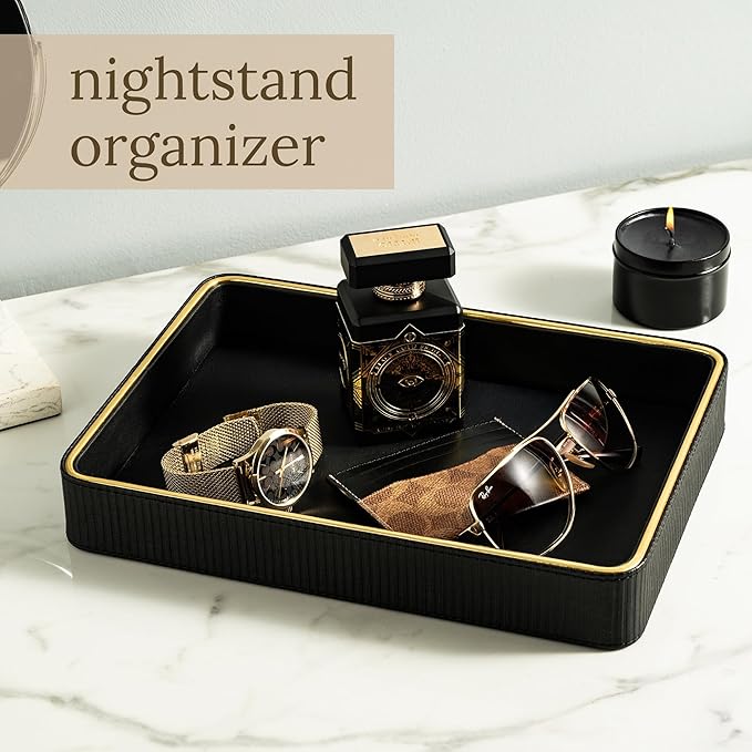 Black Leather Valet Tray for Men| Catch All| Bedside Organizer for Nightstand| Cologne Tray for Men-NeatNest