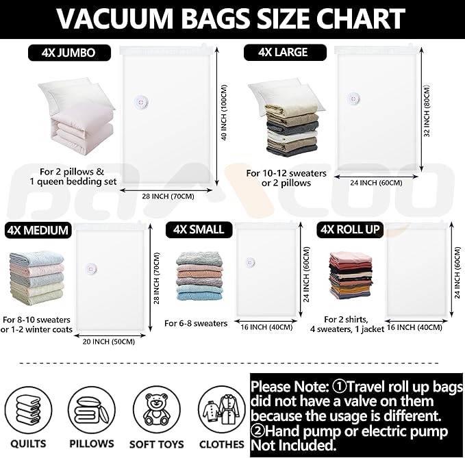 Space Saver Vacuum Storage Bags Upgraded 20 Pack(4 Jumbo 4 Large 4 Medium 4 Small 4 Roll Up) Vaccine Sealed Storage Bags, Vacuum Seal Compression Suction Bag for Packing Blankets Comforters-NeatNest