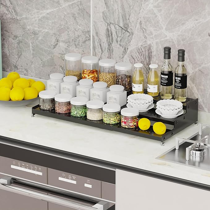 Expandable Spice Rack organizer with 3-Tier step shelf,Modern Design heavy duty,Non Skid and Visibility ,Great for Kitchen Cabinet,Bathroom,dressing table,Cupboard, Pantry and more(2PACKS/BLACK)-NeatNest