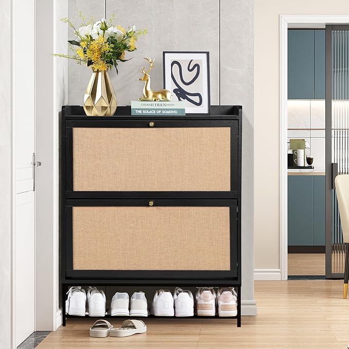 LEVNARY Shoe Storage Cabinet with 2 Flip Drawers, Wooden Narrow Shoe Cabinet Storage for Entryway, Freestanding Shoe Rack Organizer Cabinet with Metal Legs for Hallway (1, Black)-NeatNest