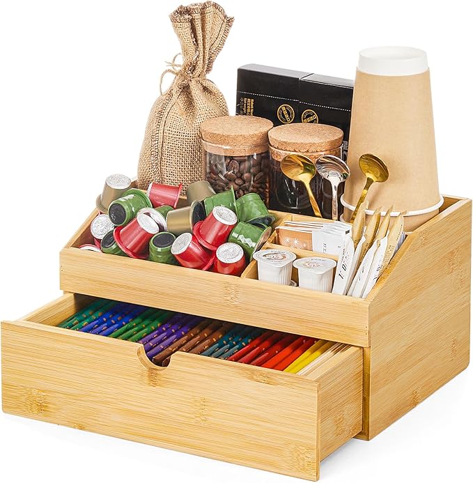 Coffee Bar Organizer Countertop with Drawer, Cafe Station Storage for Bar Accessories,Bamboo Espresso Bar Decor Holder for Bar Decor,Bamboo-NeatNest