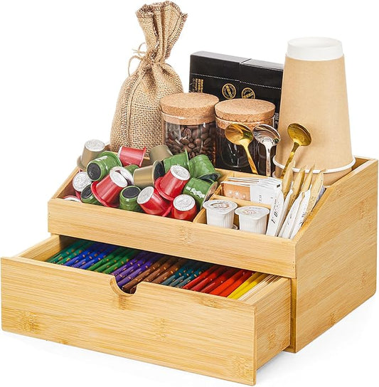 Coffee Bar Organizer Countertop with Drawer, Cafe Station Storage for Bar Accessories,Bamboo Espresso Bar Decor Holder for Bar Decor,Bamboo-NeatNest