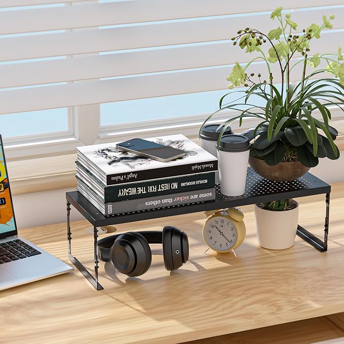 Adjustable Stackable Metal Storage Shelf Organizer - Expandable Wire Rack with Perforations for Kitchen, Pantry, Bathroom, Cabinet & Office-Compact, Durable & Sturdy(1PACK/Large/Black)
