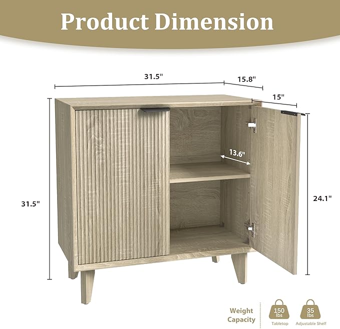Fluted Cabinet with Storage, Small Buffet Sideborad with Door, Kitchen Buffet Storage Accent Cabinet with Adjustable Shelves for Living Room, Entry, Hallway, Natural