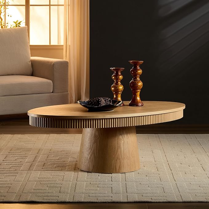 Coffee Table Modern Oval Wood Coffee Tables Mid Century Center Fluted Farmhouse Drum Tea Boho Wooden for Living Room Apartment Home Office Oka 47.24" W x 26.77" D x 15.86" H-NeatNest